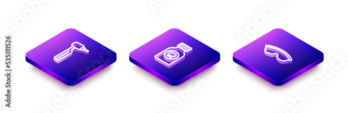 Set Isometric line Tooth drill, Toothache painkiller tablet and Safety goggle glasses icon. Vector