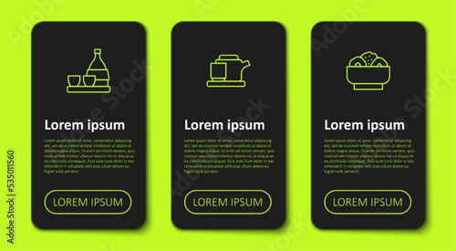 Set line Bottle of sake, Traditional tea ceremony and Chow mein plate. Business infographic template. Vector