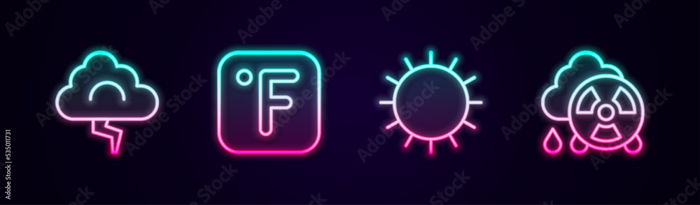 Set line Cloud and lightning, Fahrenheit, Sun and Acid rain radioactive cloud. Glowing neon icon. Vector Set line Cloud and lightning, Fahrenheit, Sun and Acid rain radioactive cloud. Glowing neon icon. Vector