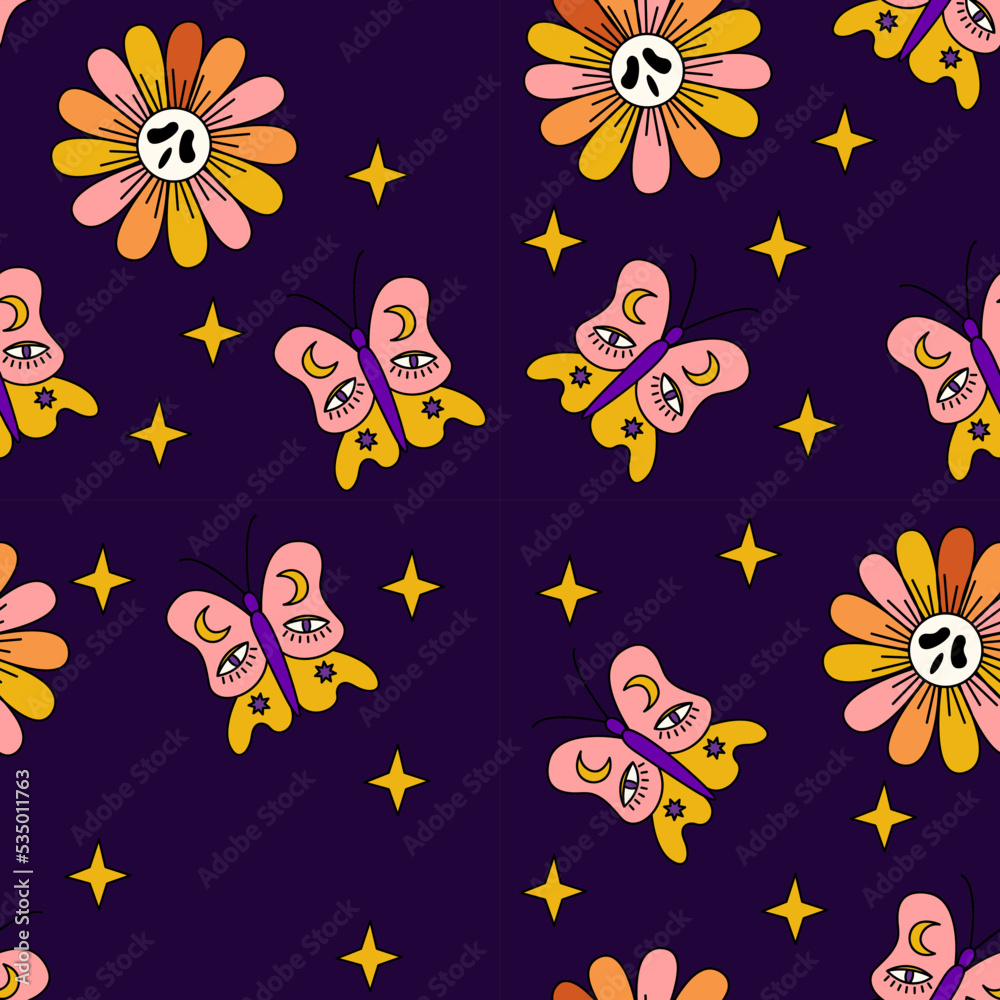 Halloween flowers and butterflies seamless pattern. Creepy and scary background. Retro doodle halloween background