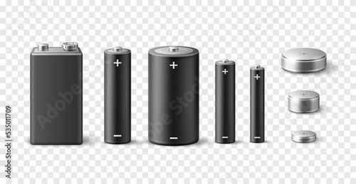 Realistic batteries. Different size and type alkaline batteries mockup, 3d isolated objects, metal and black electric elements, electrical li ion product utter vector set