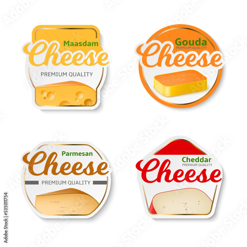 Realistic cheese labels. Different shapes product packaging stickers, various varieties, chunk of maasdam and gouda, parmesan and cheddar, simple package milk products utter vector isolated set