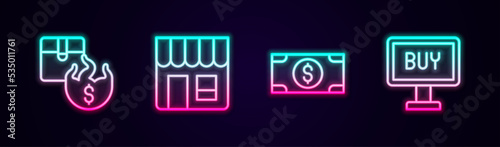 Set line Hot price, Market store, Stacks paper money cash and Buy button. Glowing neon icon. Vector