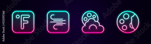 Set line Fahrenheit, Wind, Cloud with moon and Moon phases. Glowing neon icon. Vector