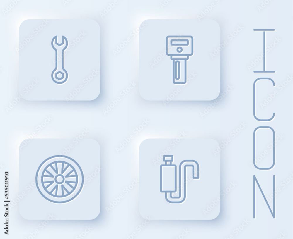 Set line Wrench spanner, Car key with remote, Alloy wheel for car and muffler. White square button. Vector Set line Wrench spanner, Car key with remote, Alloy wheel for car and muffler. White square button. Vector
