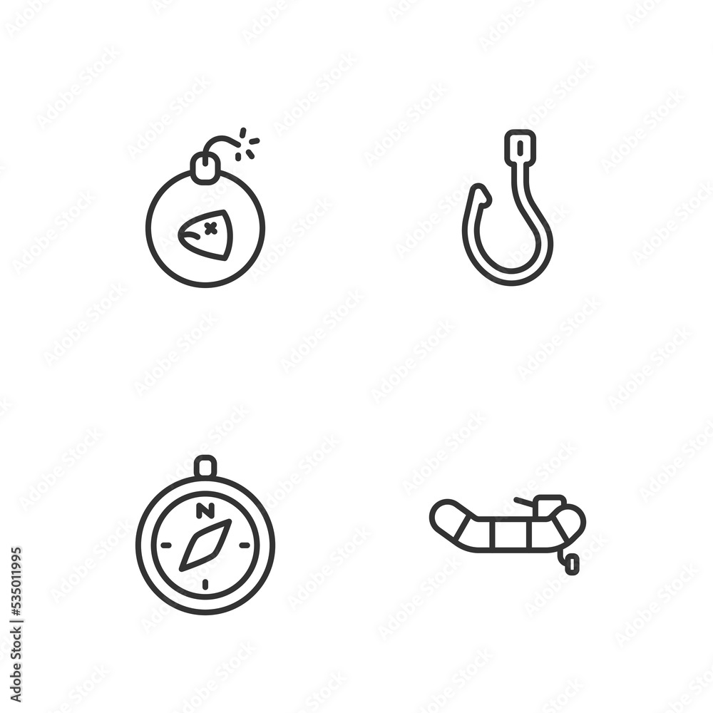 Fototapeta premium Set line Inflatable boat with motor, Compass, Bomb and Fishing hook icon. Vector
