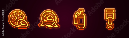 Set line Racing helmet, Fire extinguisher and Engine piston. Glowing neon icon. Vector