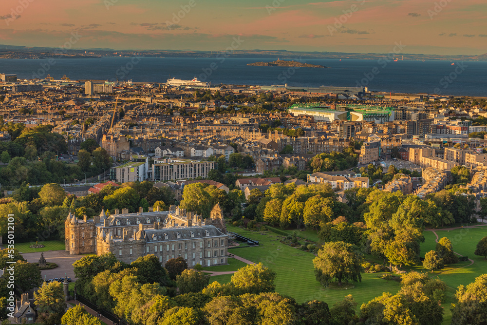 Holyrood Palace and Leith at sunset.