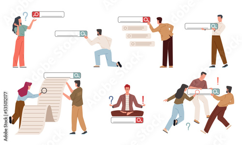 Search bars and people. Data personalization, refinement, interface users, browsing information, seo discovery concept. Characters look for and find query in web browser, nowaday vector set