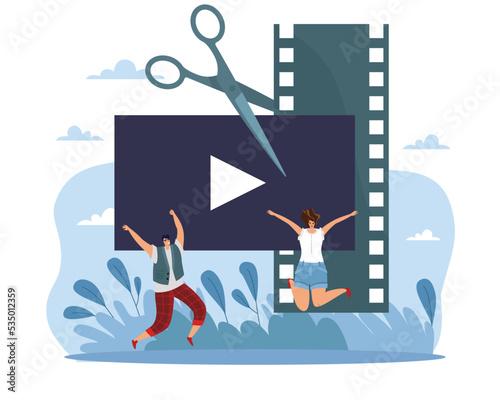 Video editing application, improved filmstrip playback. Scissors cut the film, tiny happy people, movie or photo installation. Motion production, easy animation, vector cartoon concept