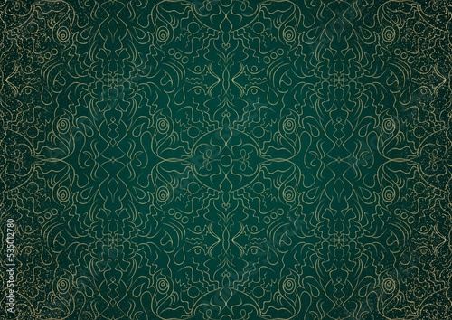 Hand-drawn unique gold ornament on a dark green cold background, with vignette of darker background color and splatters of golden glitter. Paper texture. Digital artwork, A4. (pattern: p07-1b)