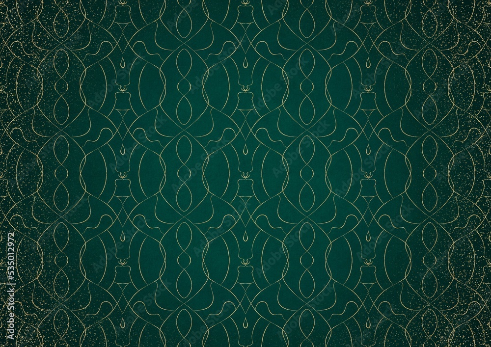 Hand-drawn unique gold ornament on a dark green cold background, with vignette of darker background color and splatters of golden glitter. Paper texture. Digital artwork, A4. (pattern: p08-1c)