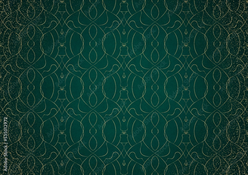 Hand-drawn unique gold ornament on a dark green cold background, with vignette of darker background color and splatters of golden glitter. Paper texture. Digital artwork, A4. (pattern: p08-1c)