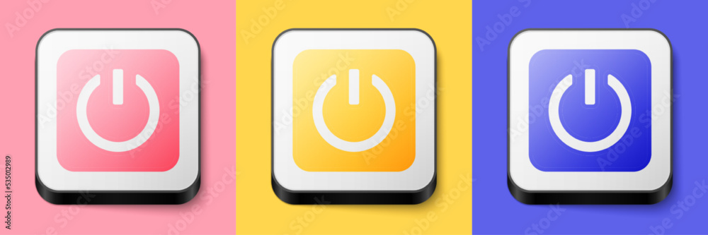 Isometric Power button icon isolated on pink, yellow and blue background. Start sign. Square button. Vector Isometric Power button icon isolated on pink, yellow and blue background. Start sign. Square button. Vector