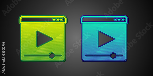 Green and blue Online play video icon isolated on black background. Film strip with play sign. Vector