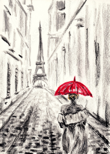 Womans silhouette with red umbrella against urban landscape and Eiffel Tower in Paris. Hand drawn oil pastel on black paper. Raster