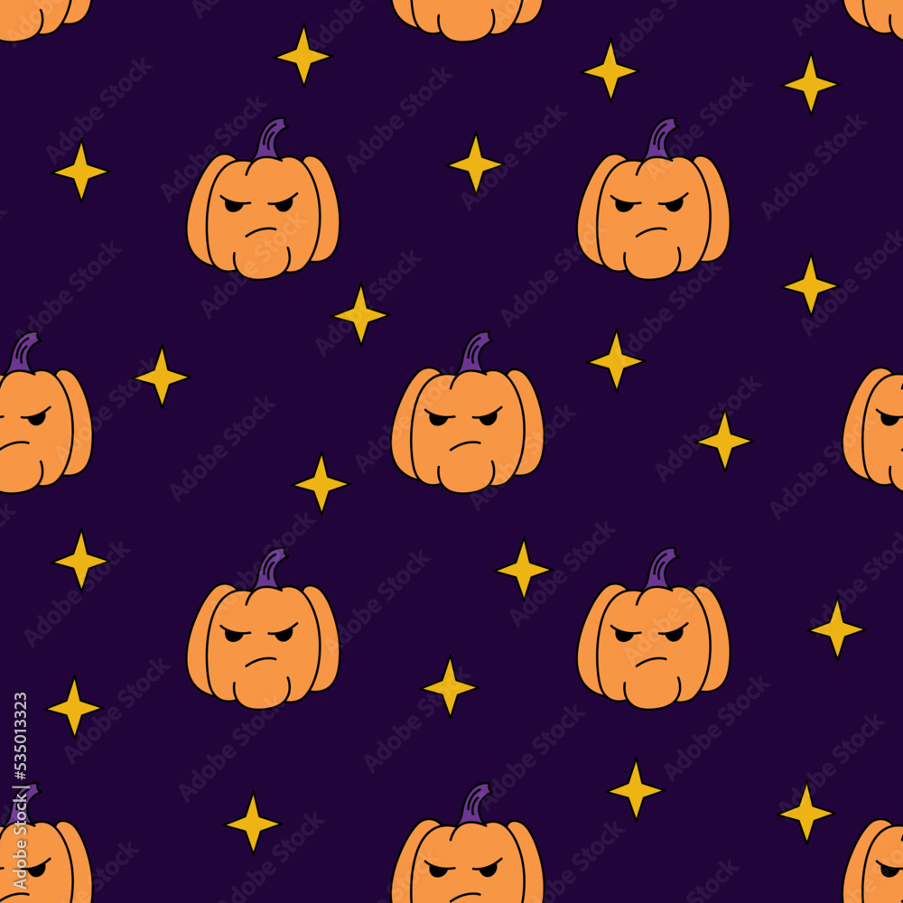 Halloween pumpkin retro seamless pattern.  Psychedelic halloween seamless white background.