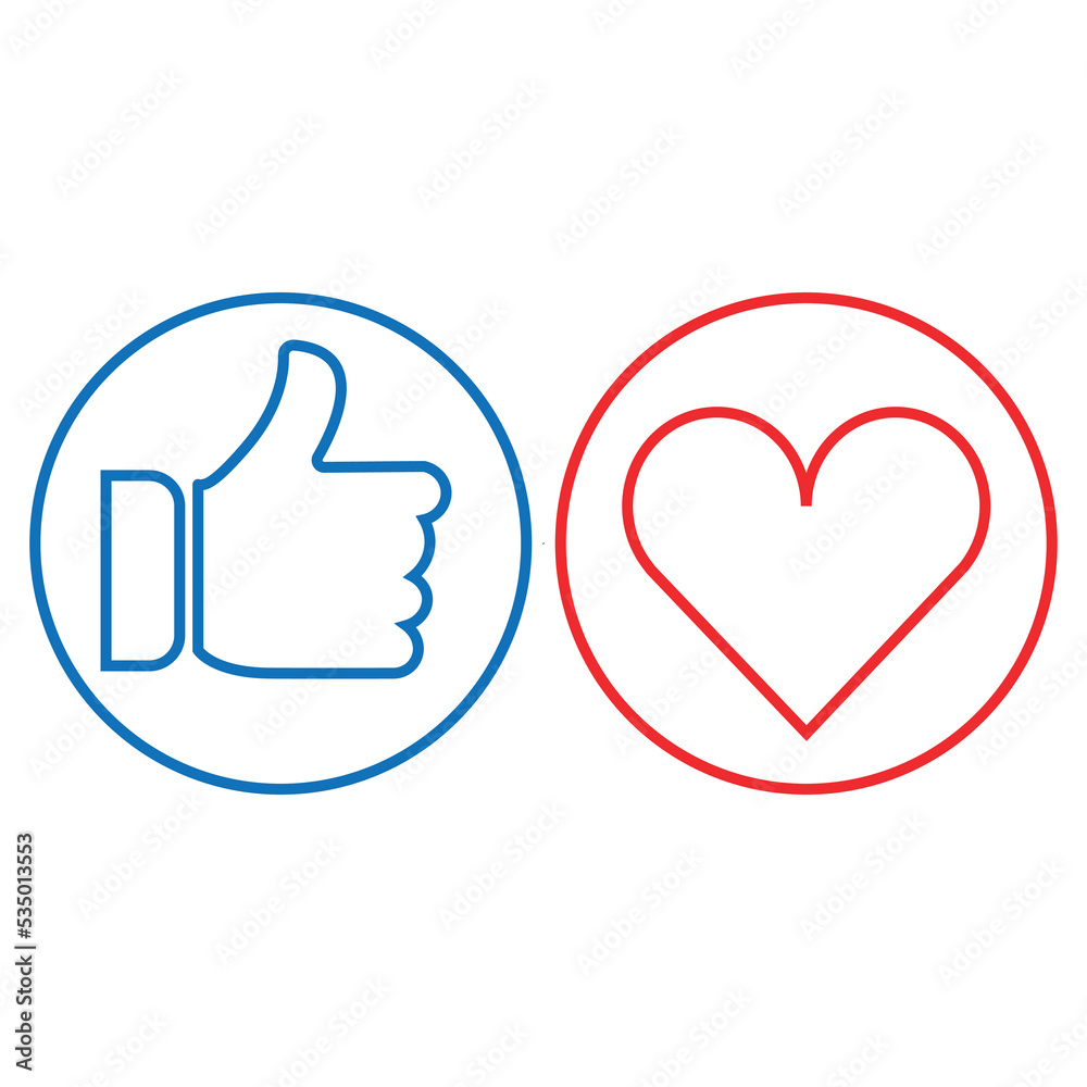 Sign of blue thumb up and heart in circle.