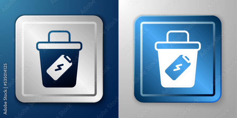 White Trash can icon isolated on blue and grey background. Garbage bin sign. Recycle basket icon. Office trash icon. Silver and blue square button. Vector White Trash can icon isolated on blue and grey background. Garbage bin sign. Recycle basket icon. Office trash icon. Silver and blue square button. Vector
