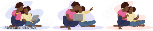 Set of African American mother and teen kid buying something on the Internet. Vector flat style illustration isolated on white
