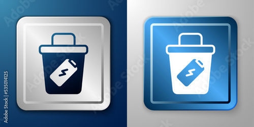 White Trash can icon isolated on blue and grey background. Garbage bin sign. Recycle basket icon. Office trash icon. Silver and blue square button. Vector