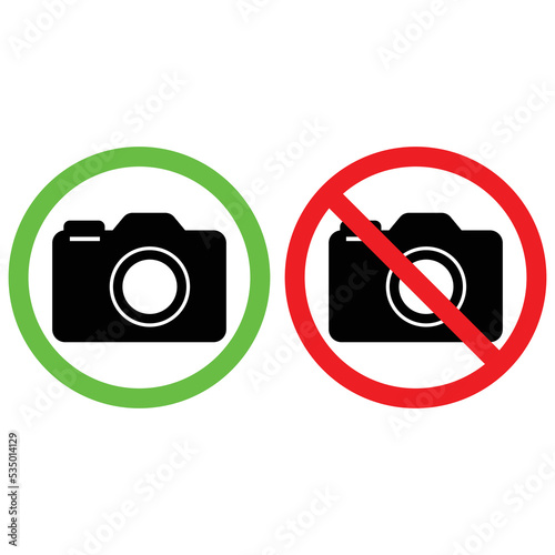 camera icon in crossed out red circle and photo camera in green circle, vector illustration of warning sign prohibiting photos and telephones	
