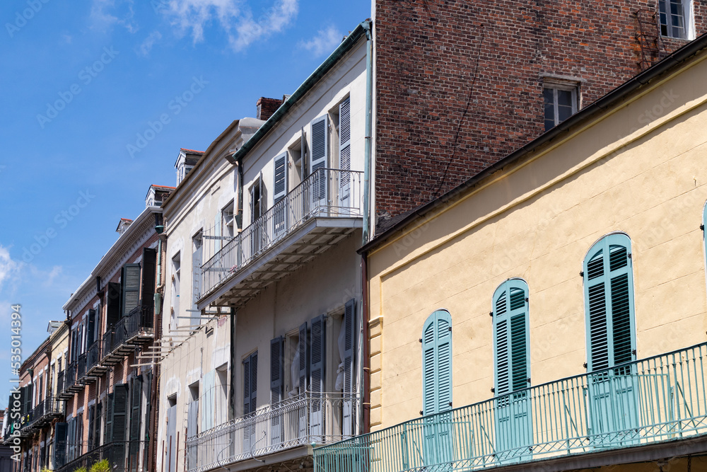 Row of Colorful and Beautiful Old Buildings with Balconies in the French Quarter of New Orleans