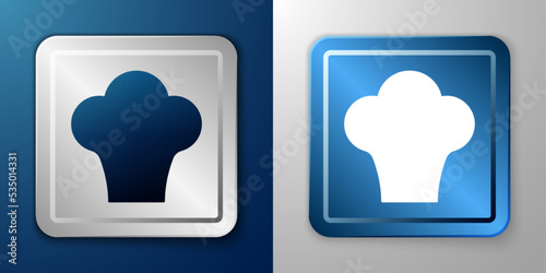 White Chef hat icon isolated on blue and grey background. Cooking symbol. Cooks hat. Silver and blue square button. Vector