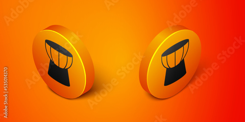 Isometric African darbuka drum icon isolated on orange background. Musical instrument. Orange circle button. Vector