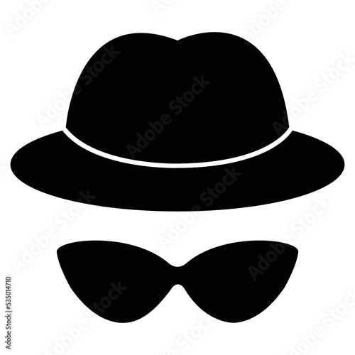 Incognito vector icon. filled flat sign for mobile concept and web design. Hat and glasses glyph icon. Anonymous spy agent symbol, logo illustration. Vector graphics