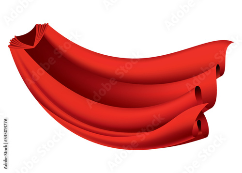 Superhero red cape in front view. Scarlet fabric silk cloak. Mantle costume or cover cartoon vector illustration
