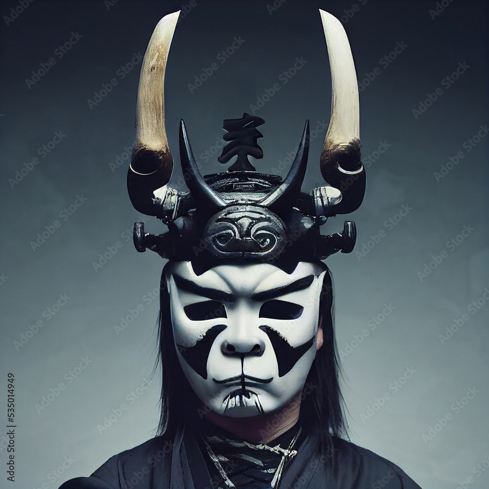 Oni Samurai Mask. Japanese Bushido Art. Black on White. Oni are yōkai,  supernatural ogre, trolls in Japanese folklore. ilustración de Stock |  Adobe Stock