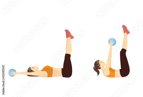 Sport women doing Exercise by Crunch with medicine ball hold. Work out to reduce belly with light gym equipment.