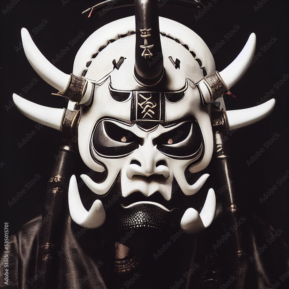 Oni Samurai Mask. Japanese Bushido Art. Black on White. Oni are yōkai