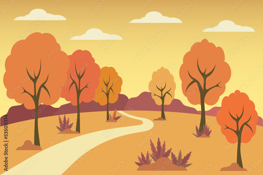 Vector illustration of panoramic view of autumn in the park  Flat Autumn landscape. Vector countryside illustratiom with woods, herbs and road

