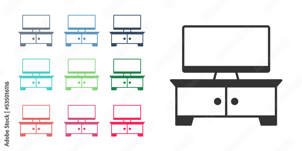 Black TV table stand icon isolated on white background. Set icons colorful. Vector Black TV table stand icon isolated on white background. Set icons colorful. Vector
