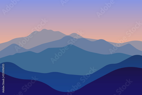 jpeg illustration jpg of beautiful scenery mountains in dark blue gradient color. View of a mountains range. Landscape during sunset at the summer time. Foggy hills in the mountains ragion. 