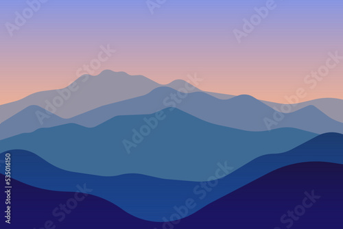 jpeg illustration jpg of beautiful scenery mountains in dark blue gradient color. View of a mountains range. Landscape during sunset at the summer time. Foggy hills in the mountains ragion. 
