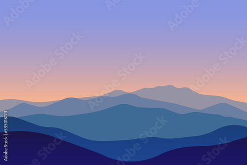 jpeg illustration jpg of beautiful scenery mountains in dark blue gradient color. View of a mountains range. Landscape during sunset at the summer time. Foggy hills in the mountains ragion.  © RSLN