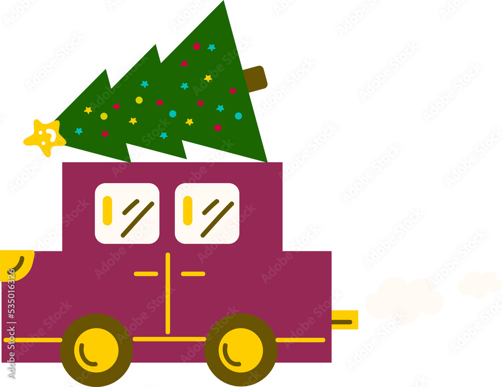 Merry Christmas and Happy New Year. Red retro convertible carrying Christmas tree. Vintage banners, modern posters, holiday flyers, brochures Merry Christmas and Happy New Year. Red retro convertible carrying Christmas tree. Vintage banners, modern posters, holiday flyers, brochures