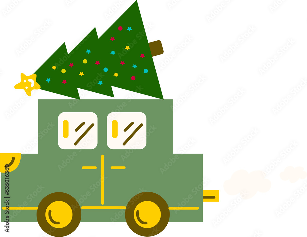 Obraz premium Merry Christmas and Happy New Year. Red retro convertible carrying Christmas tree. Vintage banners, modern posters, holiday flyers, brochures