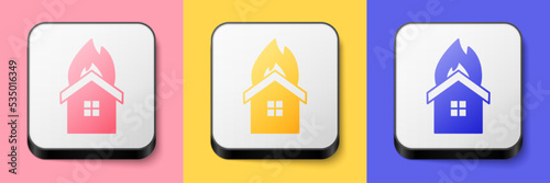 Isometric Fire in burning house icon isolated on pink, yellow and blue background. Insurance concept. Security, safety, protection, protect concept. Square button. Vector