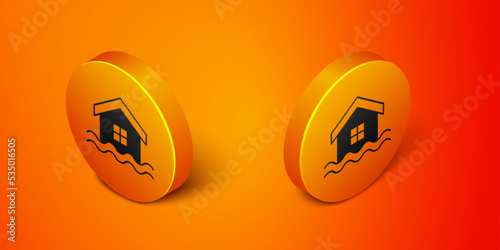 Isometric House flood icon isolated on orange background. Home flooding under water. Insurance concept. Security, safety, protection, protect concept. Orange circle button. Vector © Iryna