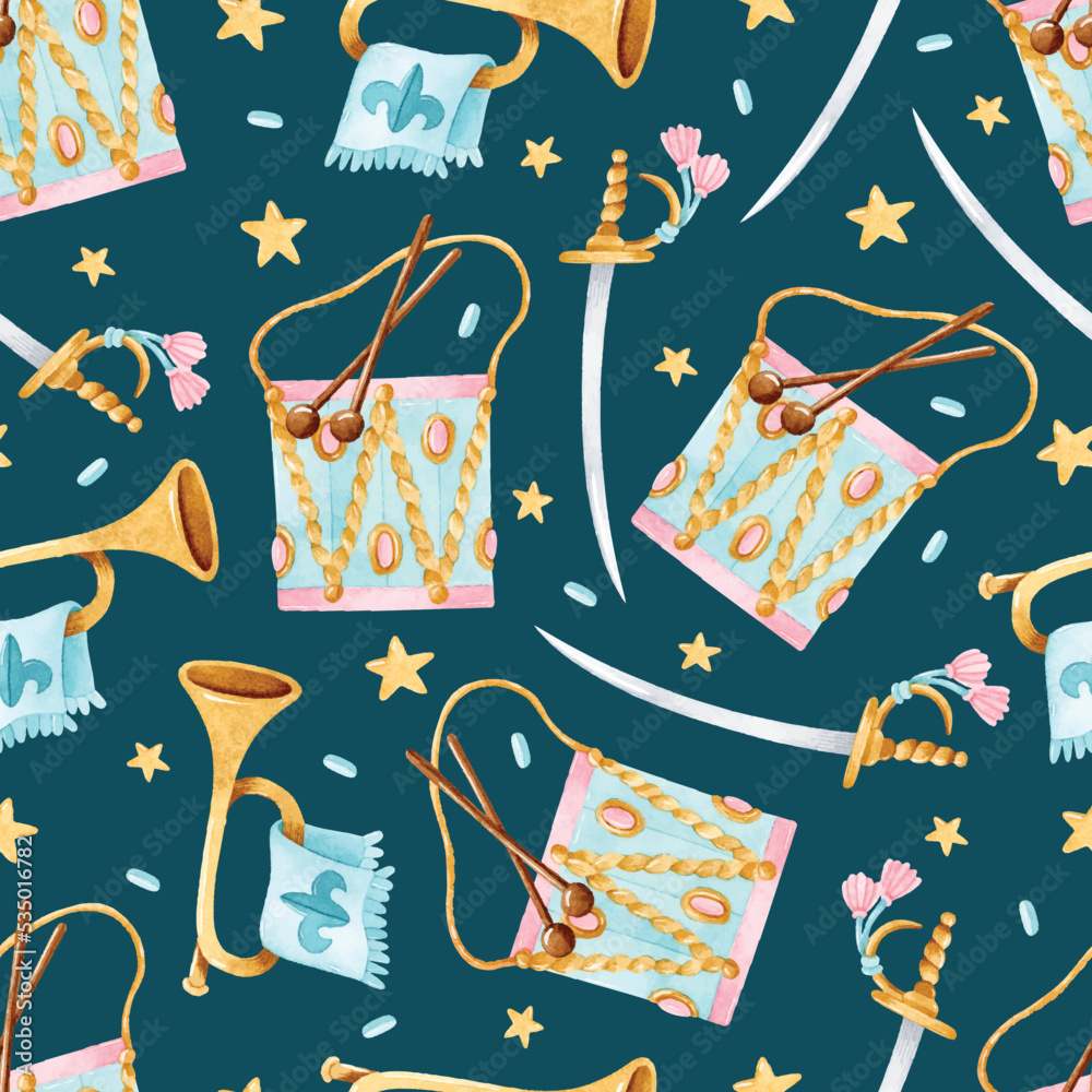 Drum with sticks, sword and trumpet watercolor seamless pattern on dark background
