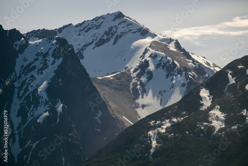 Close view of one of the Martial mountains that surround the Argentinian city of Ushuaia. Winter is coming and snow has fallen.