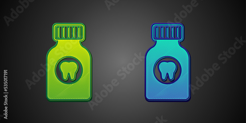 Green and blue Toothache painkiller tablet icon isolated on black background. Tooth care medicine. Capsule pill and drug. Pharmacy design. Vector