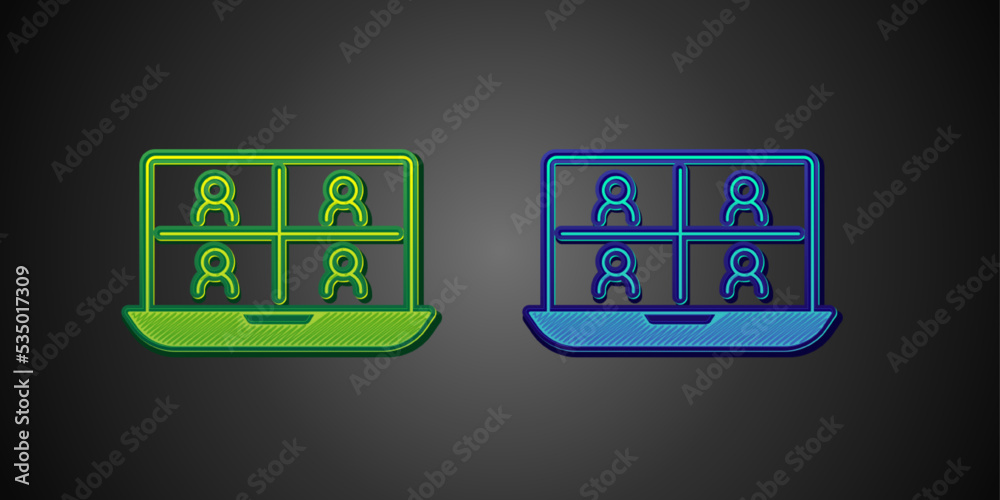 Fototapeta premium Green and blue Video chat conference icon isolated on black background. Online meeting work form home. Remote project management. Vector