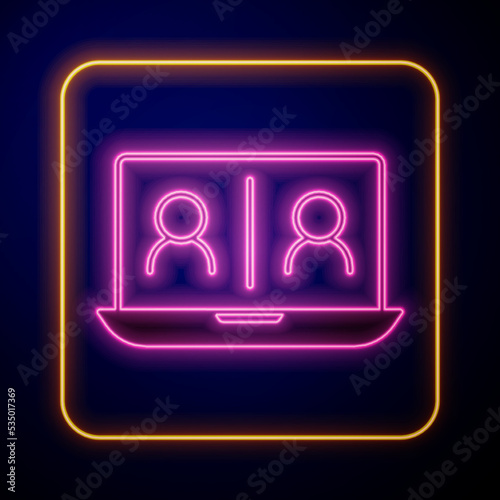 Glowing neon Video chat conference icon isolated on black background. Online meeting work form home. Remote project management. Vector