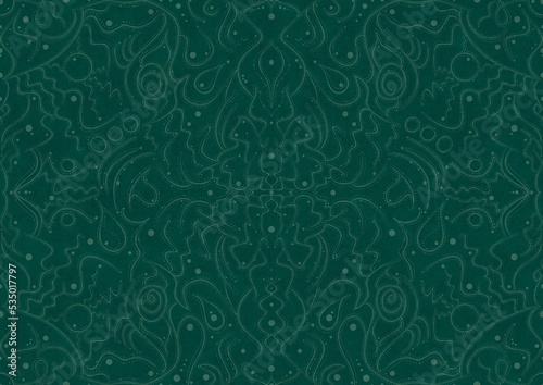 Hand-drawn unique abstract symmetrical seamless ornament. Bright semi transparent green on a deep cold green background. Paper texture. Digital artwork, A4. (pattern: p07-2a)