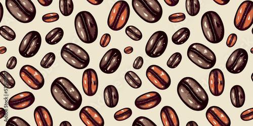 Roasted beans vector pattern. Coffee beans background. Graphic banner. Colorful vintage backdrop. Coffee, mocha drink illustration. Grain elements. Digital art. Hot drink illustration.
